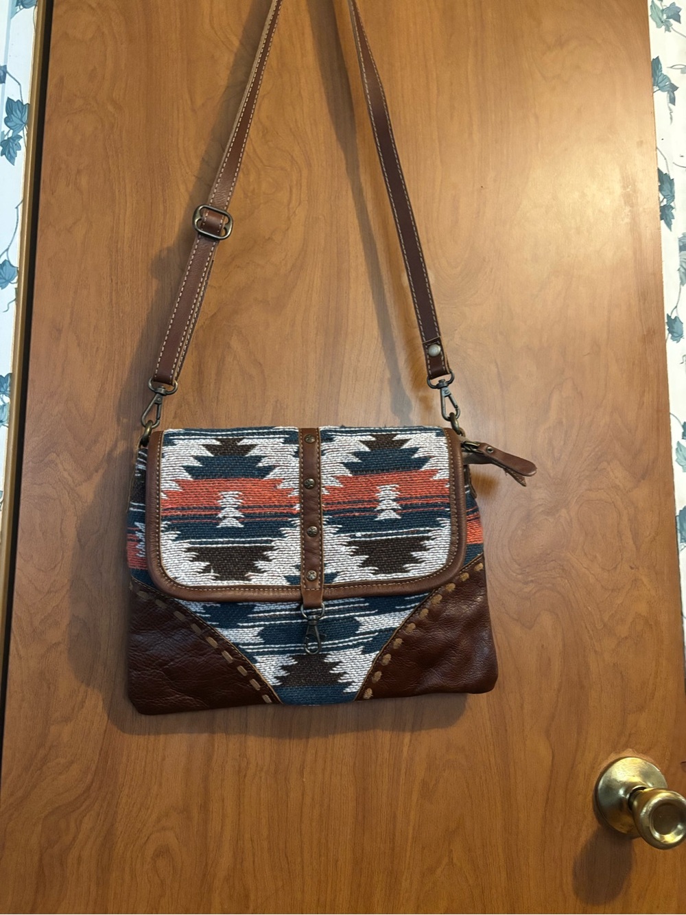 Myra Bag Southwestern Brown Aztec Crossbody with Blue and Rust Accents